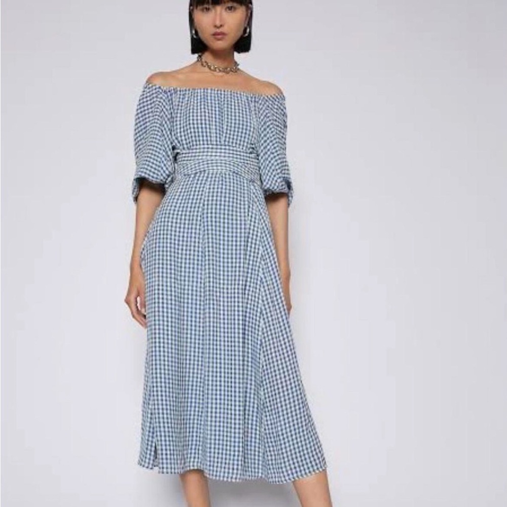 SCANLAN THEODORE Designer Off-Shoulder Blue Gingham Midi Dress